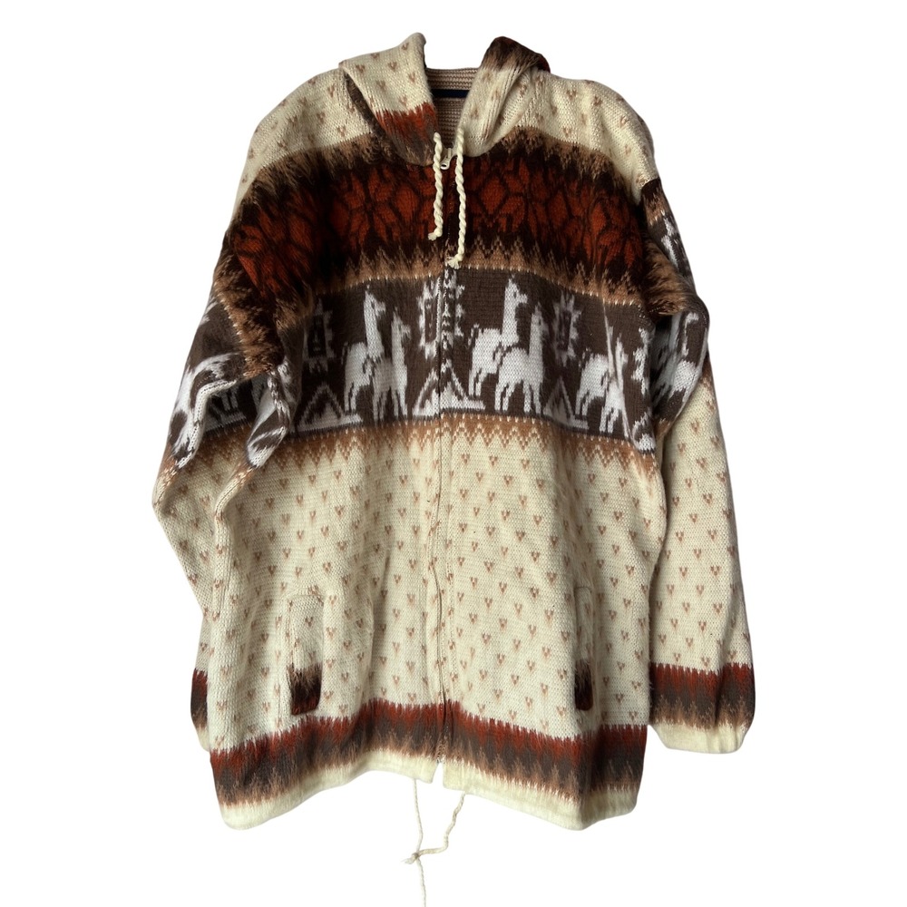 Tejidos Ruminahui Mens XL Llama Knit Zip Up Hooded Sweater‎ Ecuador Brown Cream